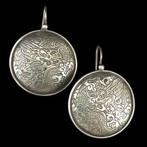 SILPADA Sterling Silver Etched Asian Dragon Circle Disc Earrings - W1228